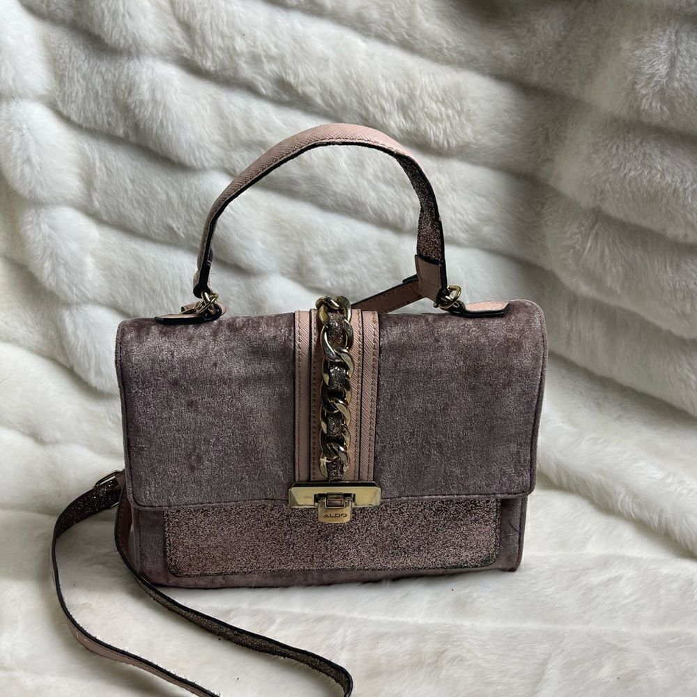 Aldo rose gold glitter &light brown velvet satchel/shoulder bag gold tone accent